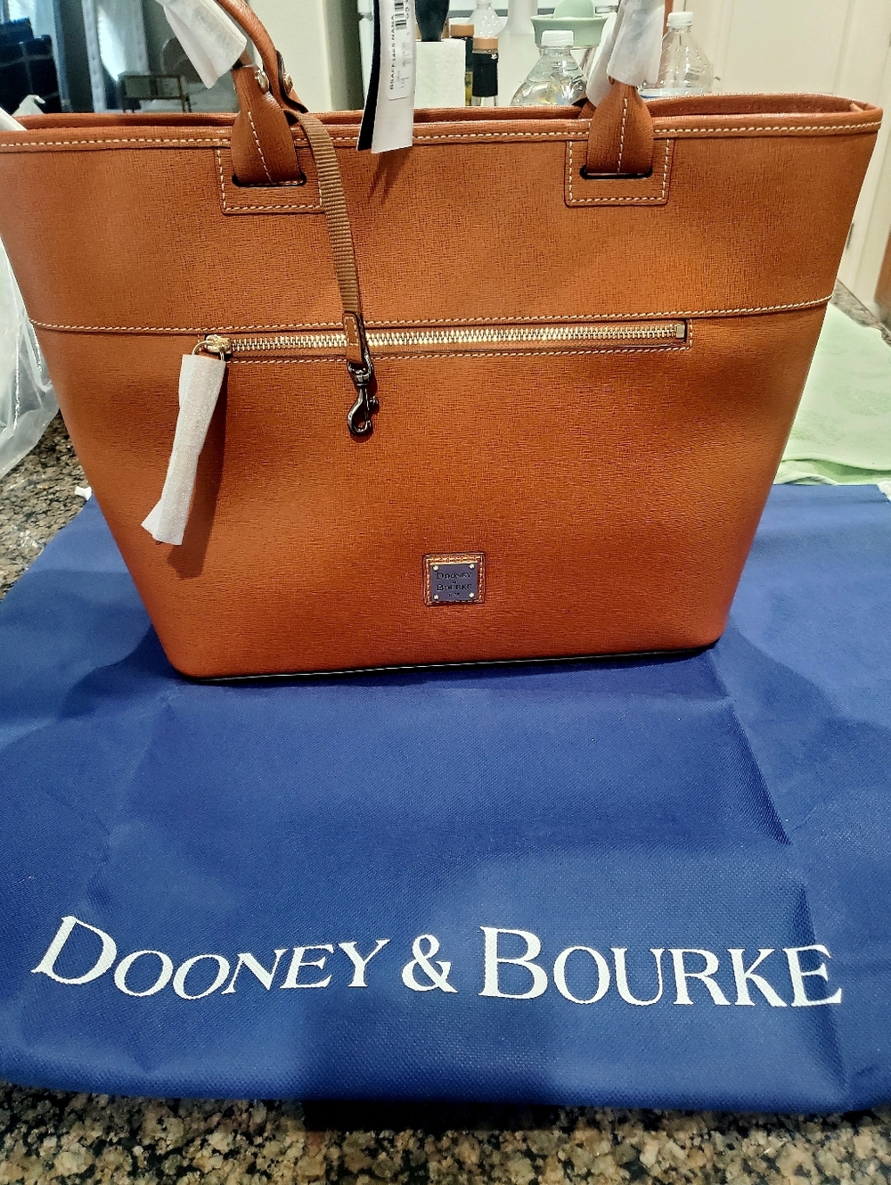 Brand Dooney & Bourke Black,  Brown Leather Tote with Contrast Stitching